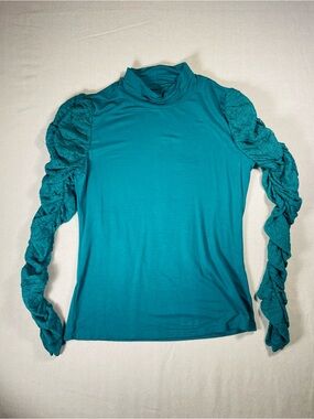 Maeve Teal Mock Neck Top with Ruched Sleeves
